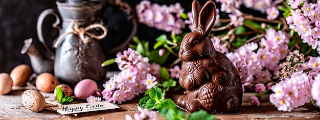 Le lapin au chocolat de Pâques avec des fleurs Focus sélectif