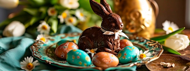 Photo le lapin au chocolat de pâques et les œufs sur la table focus sélectif