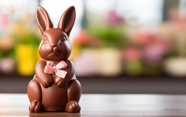 un lapin au chocolat pour Pâques sur une table avec un espace de copie