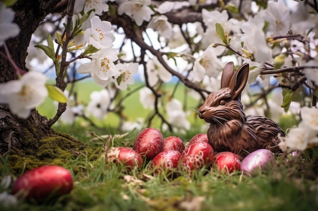 Un lapin au chocolat sous un arbre entouré de fleurs de pommes tombées dans une prairie