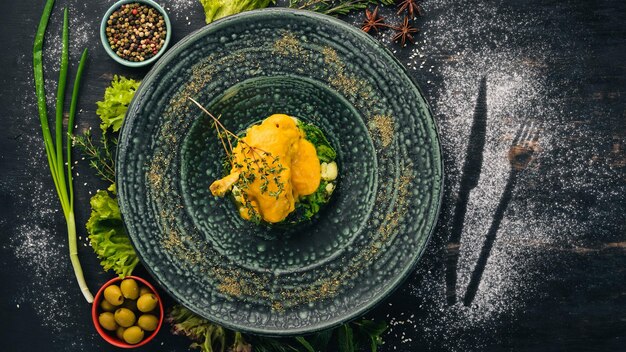 Lapin au four avec brocoli et épinards Vue de dessus Sur un fond en bois noir Espace de copie