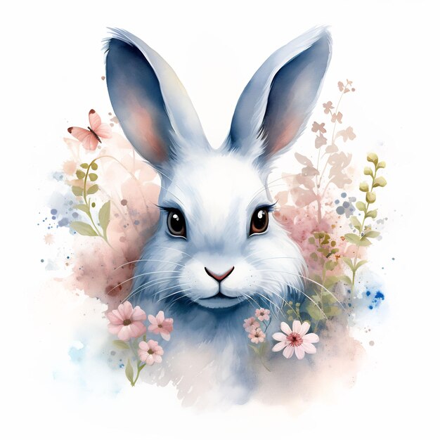 un lapin au nez rose et des fleurs en arrière-plan