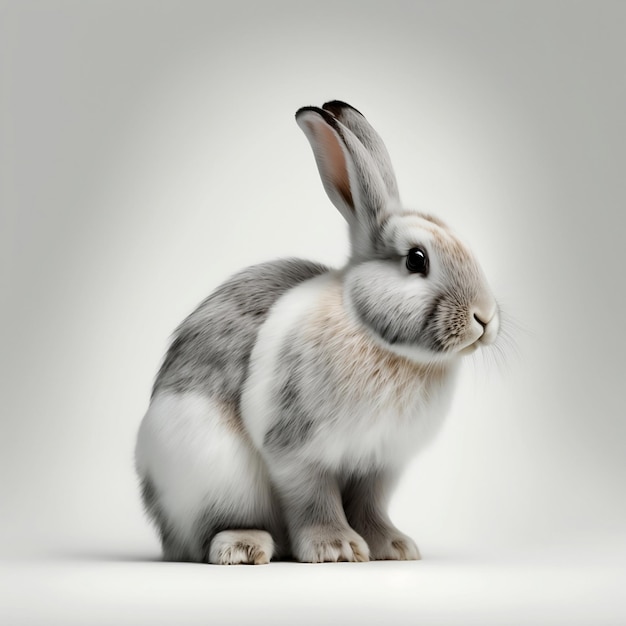 Un lapin au visage blanc et aux yeux noirs est assis devant un fond blanc.