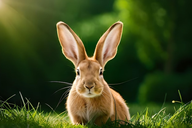 Un lapin aux grandes oreilles est assis dans l'herbe