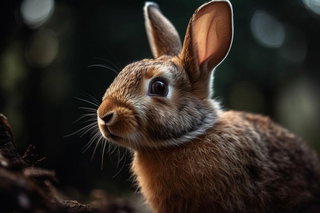 Un lapin aux grandes oreilles est sur un fond sombre