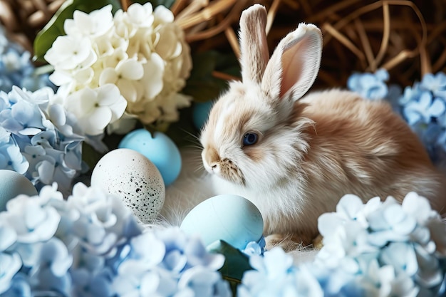 Photo un lapin aux yeux bleus entouré d'œufs de couleur pastel et d'hortensias en fleurs