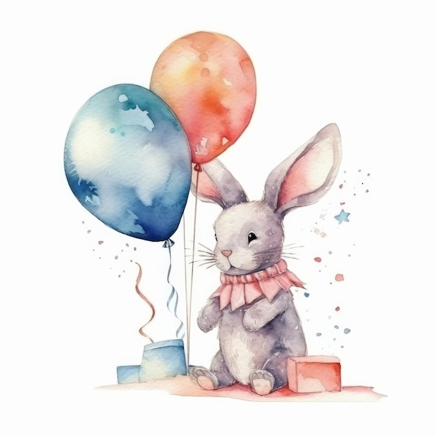 Lapin avec des ballons d'anniversaire Illustration AI Generative