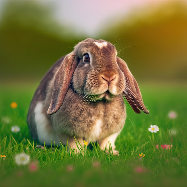 Lapin bélier français de pâques calme portrait complet du corps assis dans un champ vert