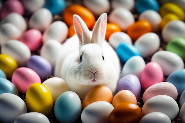 Lapin blanc assis dans une pile d'œufs colorés et d'œufs au sol AI générative