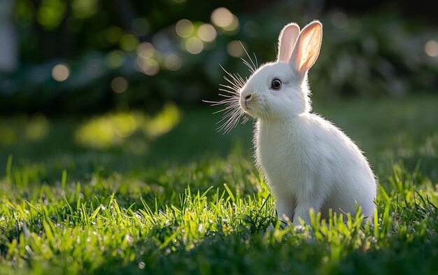 Photo un lapin blanc assis sur l'herbe une ia générative