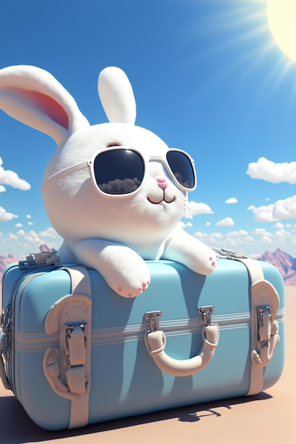 Lapin blanc assis sur une valise bleue Generative Ai