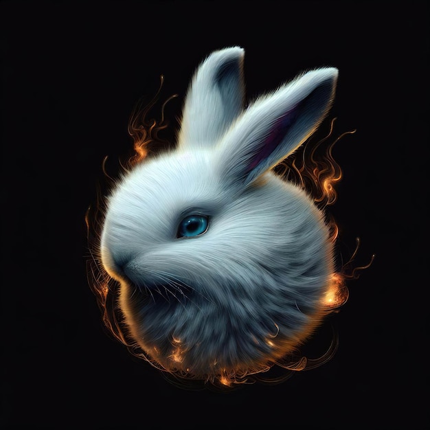 Un lapin blanc aux yeux bleus est entouré de flammes.