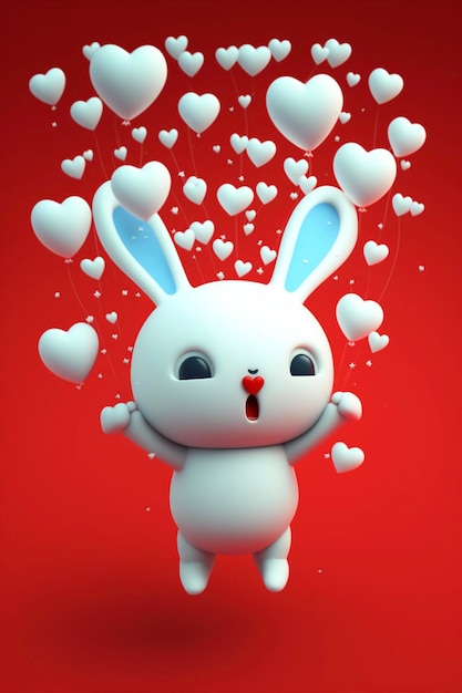 Lapin blanc avec des ballons en forme de coeur dans l'air générative ai