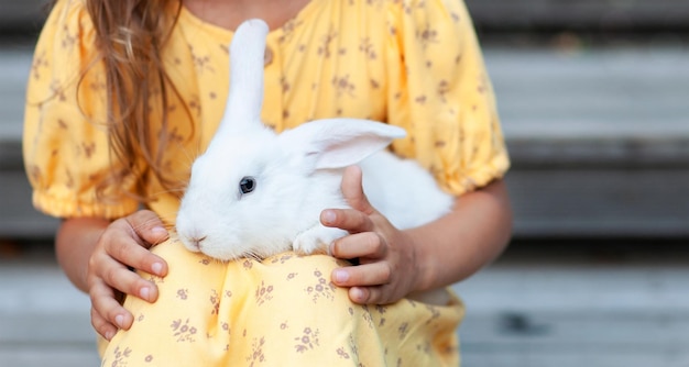 un lapin blanc dans les bras d'un enfant