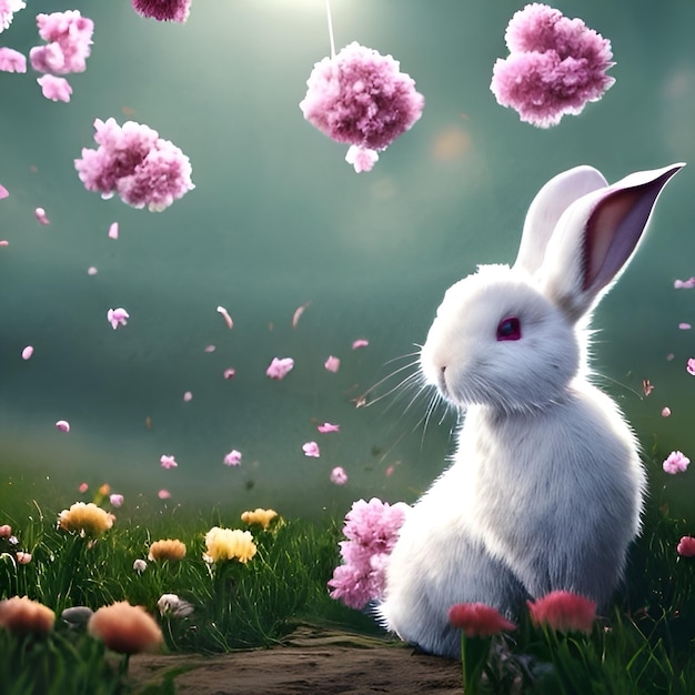 Un lapin blanc dans un champ de fleurs avec un oeil rose.