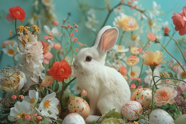 Un lapin blanc entouré de fleurs et d'œufs de Pâques