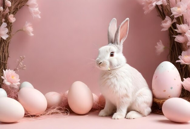 Un lapin blanc entouré d'œufs de Pâques et d'un panier sur un fond rose