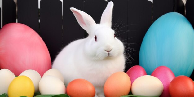 Un lapin blanc est assis dans un tas d'œufs.