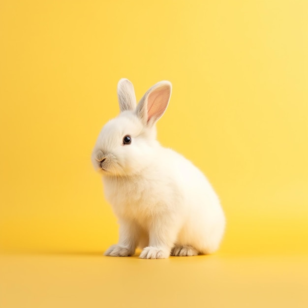 Un lapin blanc est assis devant un fond jaune.