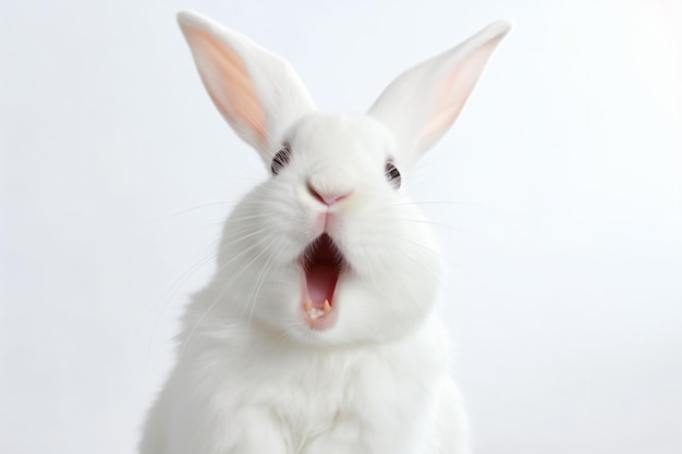 un lapin blanc avec la gueule ouverte et la langue sortie