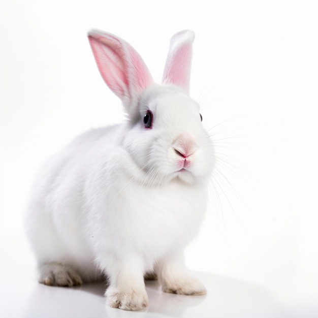 Un lapin blanc isolé aux yeux roses sur fond blanc