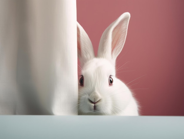 Un lapin blanc jette un coup d'œil avec intérêt derrière un rideau rouge