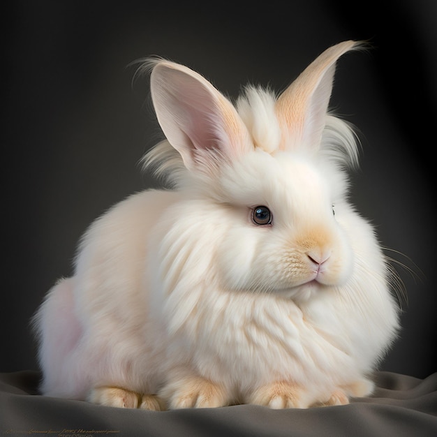 Un lapin blanc avec de longues oreilles et un grand nez est assis sur un fond noir.