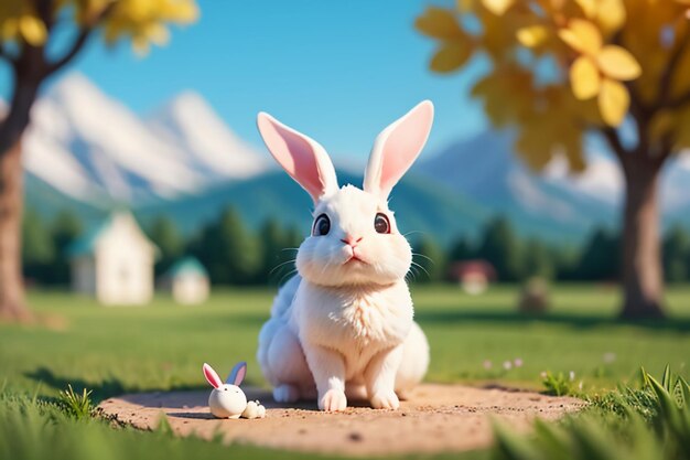 Lapin blanc avec de longues oreilles jouant sur l'herbe fond d'écran animal mignon lapin animal de compagnie