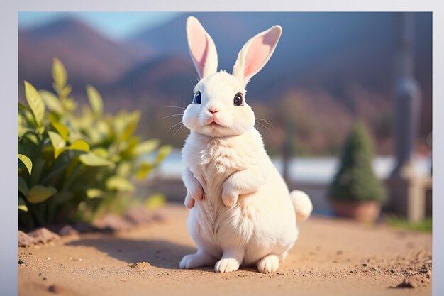 Un lapin blanc avec de longues oreilles jouant sur l'herbe un lapin d'animal de compagnie mignon fond de papier peint