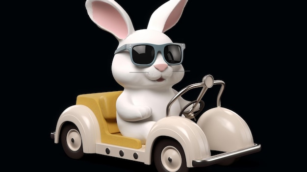 Un lapin blanc avec des lunettes de soleil conduit une voiture.