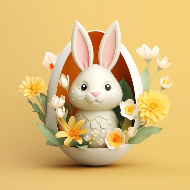 Le lapin blanc mignon dans l'œuf de Pâques 3d Bonne journée de Pâque concept ou bannière