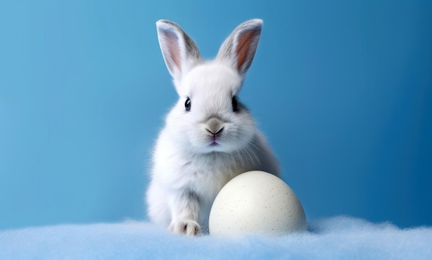 Lapin blanc mignon avec oeuf sur fond bleu Concept de Pâques Photo de haute qualité