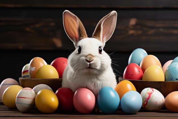 Un lapin blanc et moelleux entouré d'œufs colorés sur fond de bois Joie de Pâques