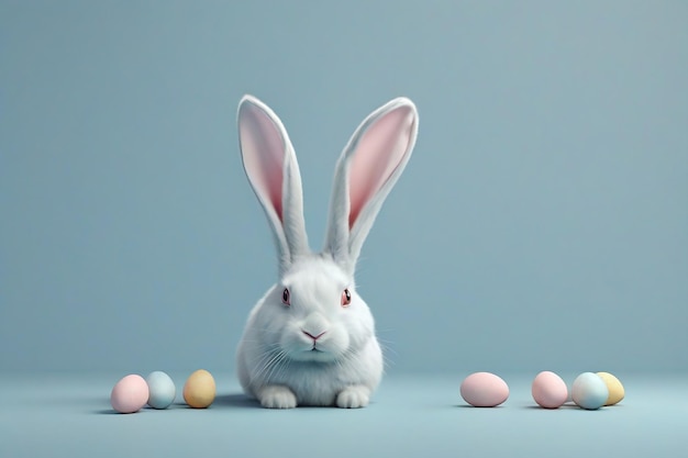 Un lapin blanc avec des œufs de Pâques sur un fond bleu