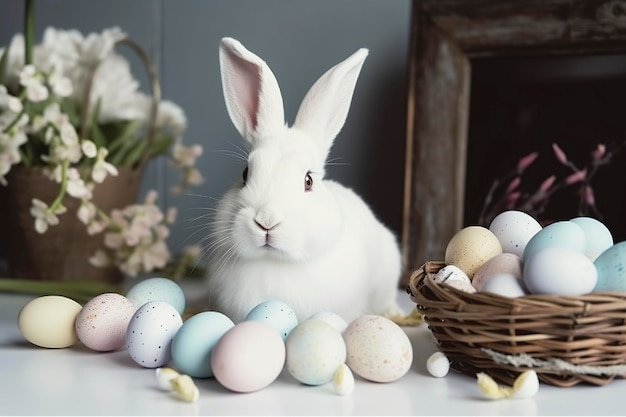 Lapin blanc avec des œufs de Pâques pour le jour de Pâque