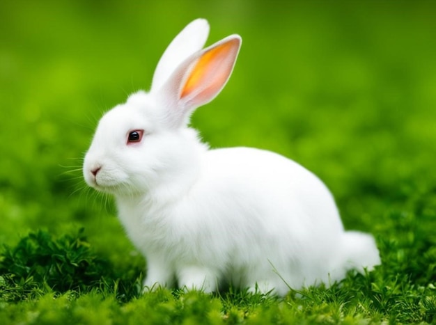 un lapin blanc avec une oreille jaune qui est sur l'herbe