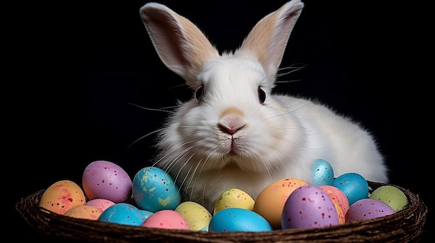 Lapin blanc de Pâques et oeufs de Pâques