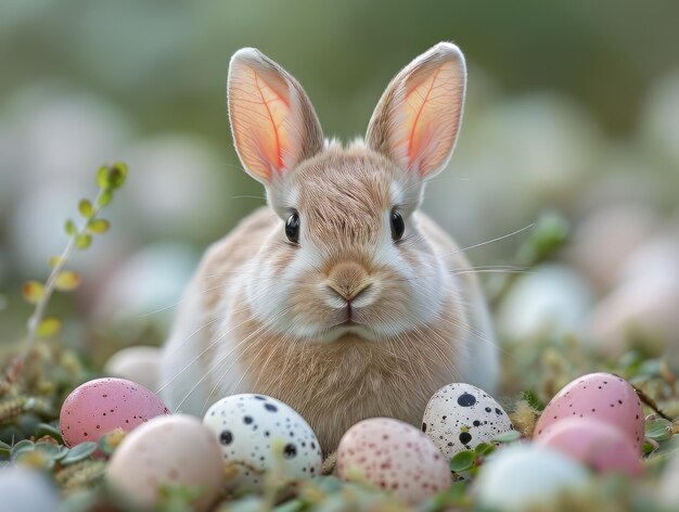 Un lapin blanc sur un paysage de printemps avec des œufs pastels à ses pieds