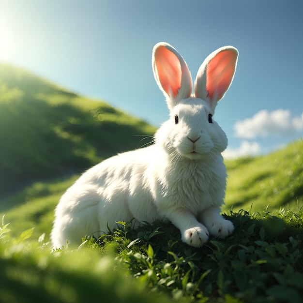 Un lapin blanc perché au sommet d'une colline verdoyante sa fourrure scintillante au soleil