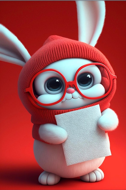 Lapin blanc portant un chapeau rouge et des lunettes tenant un morceau de papier ai génératif