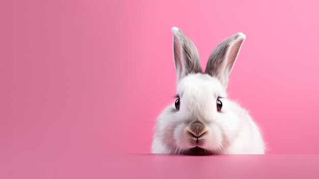 Un lapin blanc regarde sur un fond rose