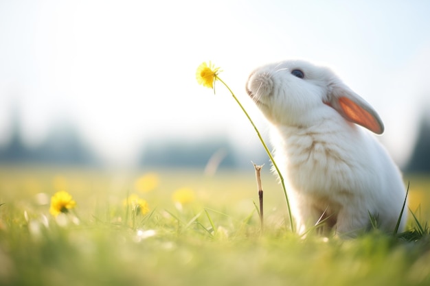 Un lapin blanc renifle un narcissus dans un champ ensoleillé