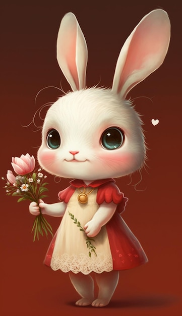 Lapin blanc avec robe rouge et fleur dans sa main ai générative