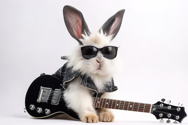 Lapin blanc rockstyle avec lunettes de guitare et veste noire en studio sur fond blanc