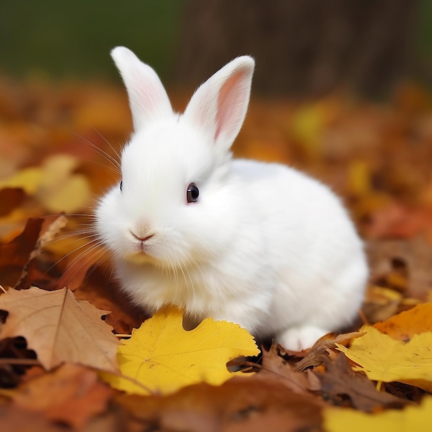 Un lapin blanc se trouve parmi les feuilles d'automne à l'automne.