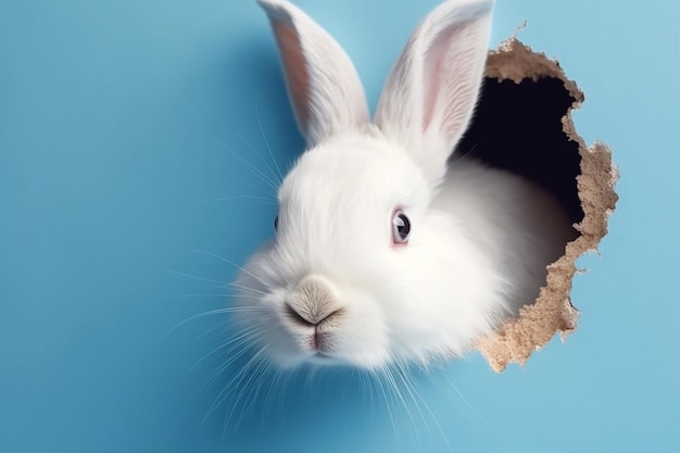 Un lapin blanc sort d'un trou dans un fond bleu.