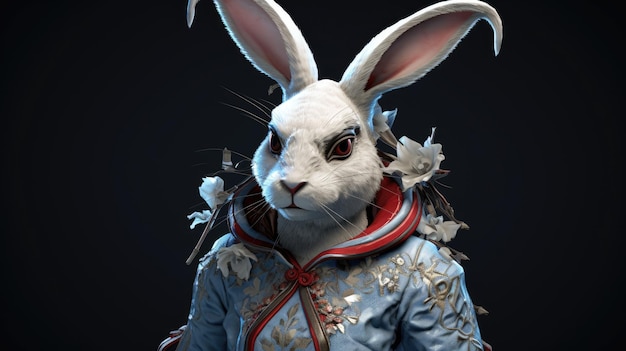 Un lapin blanc vêtu d'un manteau bleu