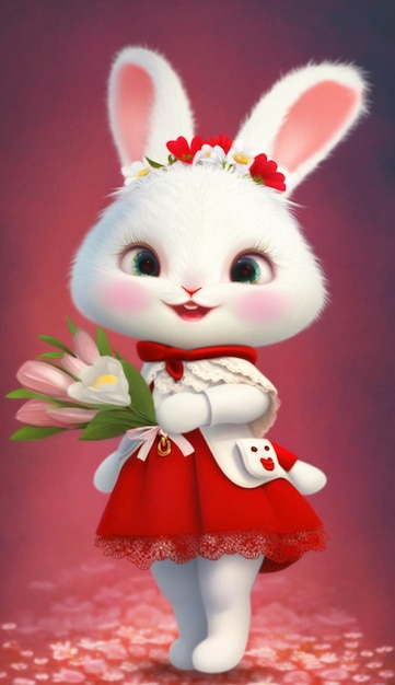 Lapin blanc vêtu d'une robe rouge et tenant un bouquet de fleurs générative ai