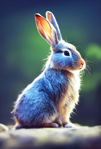 Un lapin bleu est assis sur une branche d'arbre.