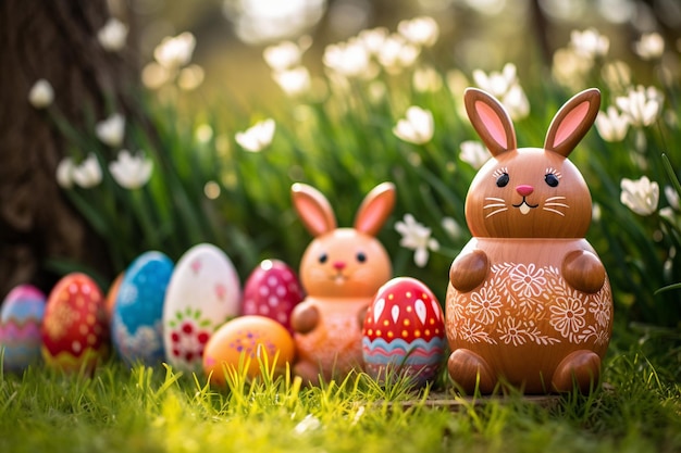 Un lapin de bois et des œufs de Pâques sur l'herbe